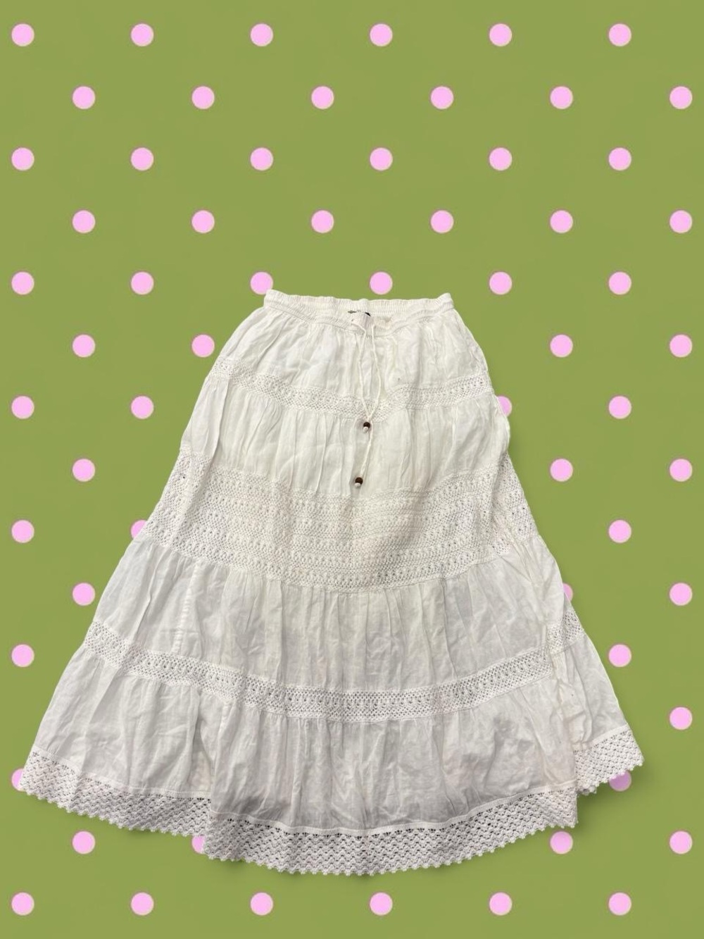 Boho White Tiered Lace Maxi Skirt with Drawstring Waist